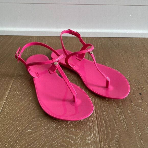 Kate Spade Sandals Womens 7 Pink Jelly Rubber Flat Joni T-Strap Buckle NEW - Picture 1 of 5